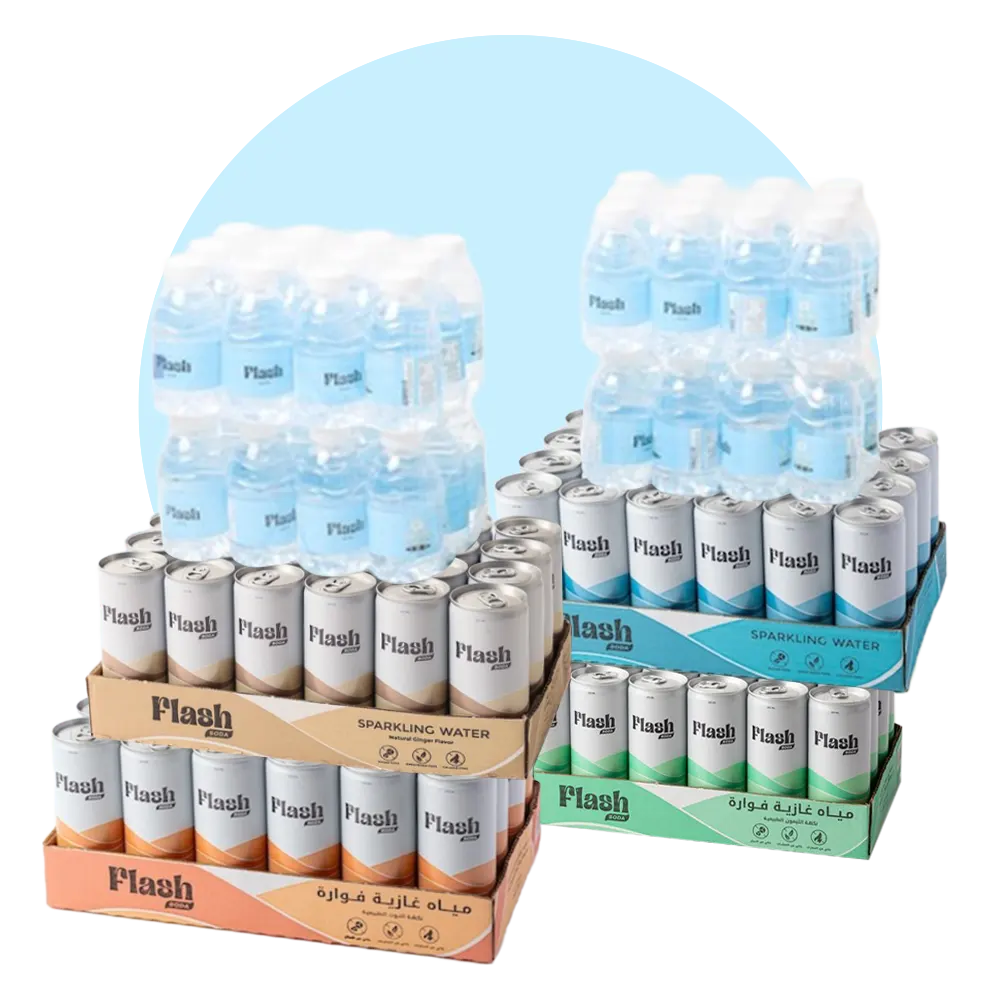 عرض خاص: 4 علب صودا من اختيارك + 4 علب مياه مجانية 